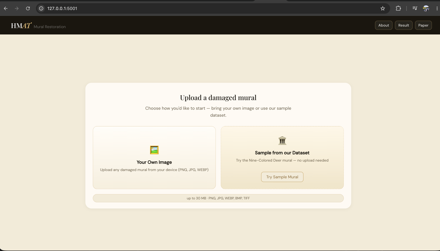 HMAT upload screen with options for a personal image or sample mural