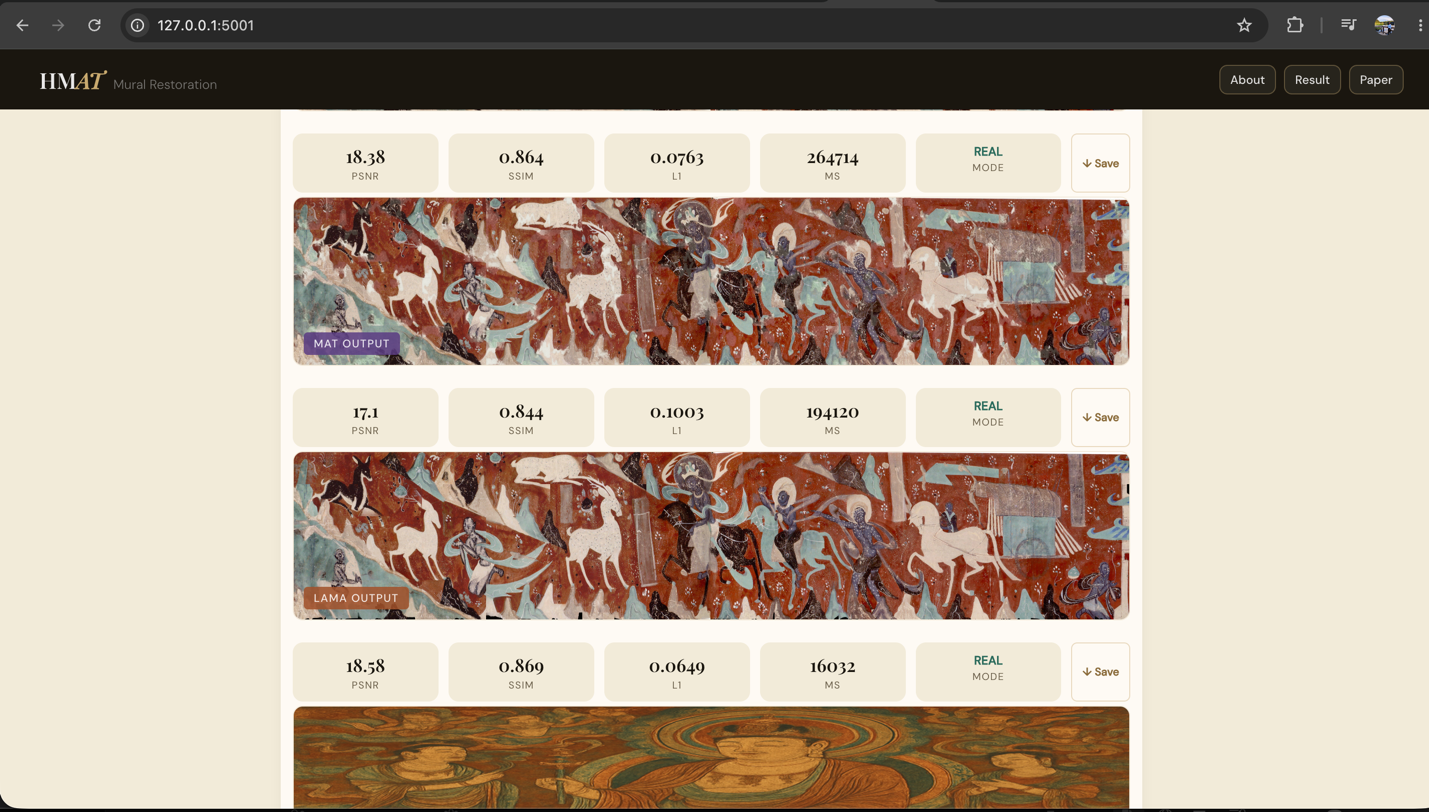 HMAT comparison screen showing MAT and LaMa outputs with evaluation metrics